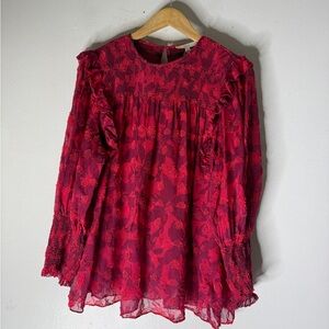 Joie silk smocked neck hibiscus blouse size L